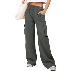 image:imageAleumdr Womens Cotton Cargo Sweatpants High Waisted Wide Leg Joggers PantsDark Grey