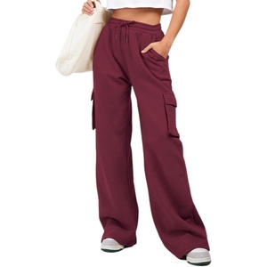 image:imageAleumdr Womens Cotton Cargo Sweatpants High Waisted Wide Leg Joggers PantsRed