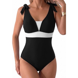 image:imageAleumdr Womens One Piece Swimsuit Print Tie Shoulder Tummy Control SwimwearBlack