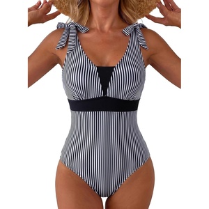 image:imageAleumdr Womens One Piece Swimsuit Print Tie Shoulder Tummy Control SwimwearBlack Stripe