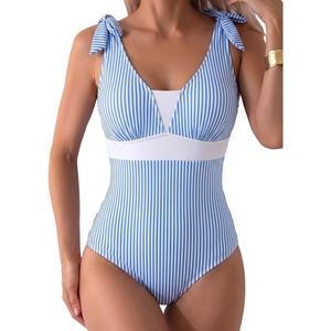 image:imageAleumdr Womens One Piece Swimsuit Print Tie Shoulder Tummy Control SwimwearBlue