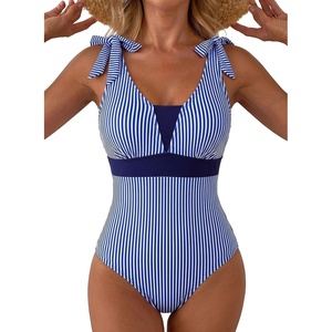 image:imageAleumdr Womens One Piece Swimsuit Print Tie Shoulder Tummy Control SwimwearBlue Stripe