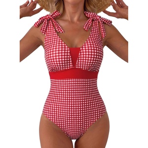 image:imageAleumdr Womens One Piece Swimsuit Print Tie Shoulder Tummy Control SwimwearRed