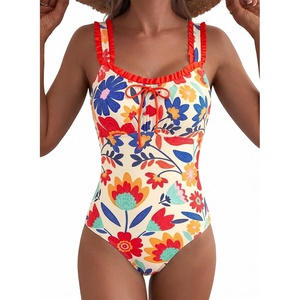 image:imageAleumdr Womens One Piece Swimsuit Ruffle Drawstring Tummy Control SwimwearFloral Orange