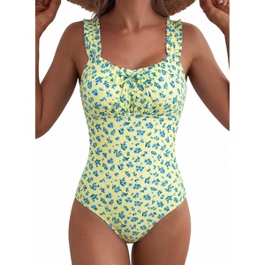 image:imageAleumdr Womens One Piece Swimsuit Ruffle Drawstring Tummy Control SwimwearFloral Yellow