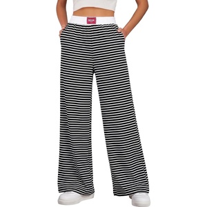 image:imageAleumdr Womens Wide Leg Casual Pants Elastic Waist Flowy Palazzo PantsA1 Black Stripe