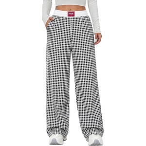 image:imageAleumdr Womens Wide Leg Casual Pants Elastic Waist Flowy Palazzo PantsA4 Black Plaid