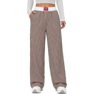 image:imageAleumdr Womens Wide Leg Casual Pants Elastic Waist Flowy Palazzo PantsA5 Light Brown Stripe