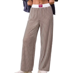 image:imageAleumdr Womens Wide Leg Casual Pants Elastic Waist Flowy Palazzo PantsA5 Light Brown Stripes
