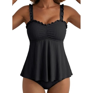 image:imageAleumdr Womens Ruffle Textured Tankini Swimsuits Tummy Control SwimwearBlack