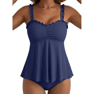 image:imageAleumdr Womens Ruffle Textured Tankini Swimsuits Tummy Control SwimwearBlue