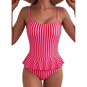 image:imageAleumdr Womens One Piece Swimsuit Striped Ruffle Tummy Control Bathing SuitRed