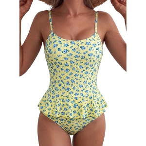 image:imageAleumdr Womens One Piece Swimsuit Striped Ruffle Tummy Control Bathing SuitYellow