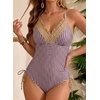image:imageAleumdr Womens One Piece Swimsuit Striped Printed V Neck Ruffle Ruched SwimwearKhaki