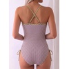 image:imageAleumdr Womens One Piece Swimsuit Striped Printed V Neck Ruffle Ruched SwimwearKhaki