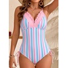 image:imageAleumdr Womens One Piece Swimsuit Striped Printed V Neck Ruffle Ruched SwimwearPink