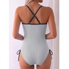 image:imageAleumdr Womens One Piece Swimsuit Striped Printed V Neck Ruffle Ruched SwimwearWhite