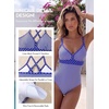 image:imageAleumdr Womens One Piece Swimsuit V Neck Striped Tummy Control SwimwearBlue Striped