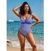 image:imageAleumdr Womens One Piece Swimsuit V Neck Striped Tummy Control SwimwearBlue Striped