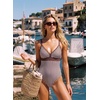 image:imageAleumdr Womens One Piece Swimsuit V Neck Striped Tummy Control SwimwearBrown