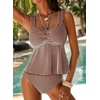 image:imageAleumdr Womens Tie Knot Two Piece Tankini Set Stripe Textured SwimsuitCoffee