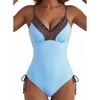 image:imageAleumdr Womens One Piece Swimsuit Striped Printed V Neck Ruffle Ruched SwimwearBlue