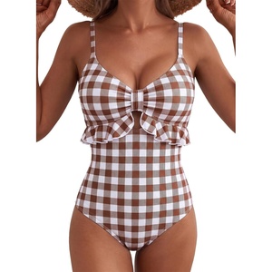 image:imageAleumdr Women One Piece Swimsuit Ruffle Printed Tummy Control Swimwear 2026Brown Plaid
