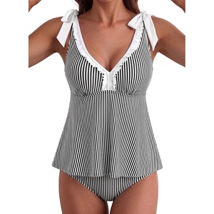 image:imageAleumdr Women Two Piece Tankini Set Printed Tie Knot V Neck Ruffle SwimwearBlack