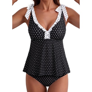 image:imageAleumdr Women Two Piece Tankini Set Printed Tie Knot V Neck Ruffle SwimwearBlack Dots