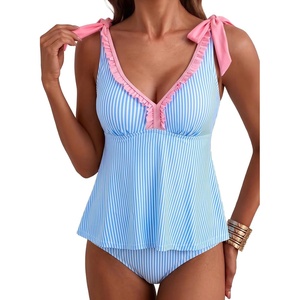 image:imageAleumdr Women Two Piece Tankini Set Printed Tie Knot V Neck Ruffle SwimwearBlue