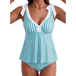 image:imageAleumdr Women Two Piece Tankini Set Printed Tie Knot V Neck Ruffle SwimwearBlue Green
