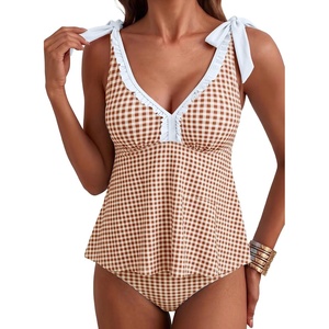 image:imageAleumdr Women Two Piece Tankini Set Printed Tie Knot V Neck Ruffle SwimwearBrown Plaid