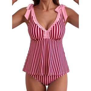 image:imageAleumdr Women Two Piece Tankini Set Printed Tie Knot V Neck Ruffle SwimwearHot Pink