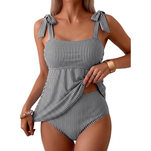 image:imageAleumdr Women Two Piece Tankini Swimsuit Tie Shoulder Striped 2026 SwimwearBlack