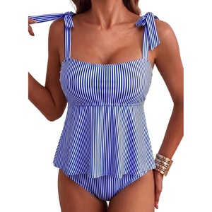 image:imageAleumdr Women Two Piece Tankini Swimsuit Tie Shoulder Striped 2026 SwimwearBlue