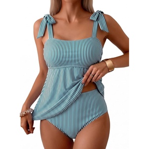 image:imageAleumdr Women Two Piece Tankini Swimsuit Tie Shoulder Striped 2026 SwimwearGreen