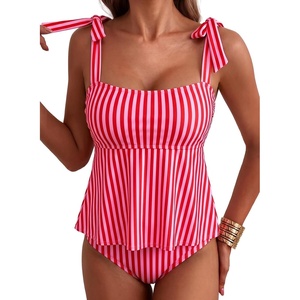 image:imageAleumdr Women Two Piece Tankini Swimsuit Tie Shoulder Striped 2026 SwimwearPink Red