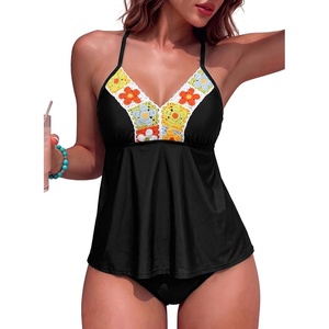 image:imageAleumdr Womens 2 Piece Tankini Set Embroidered Floral V Neck 2026 SwimwearBlack