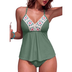 image:imageAleumdr Womens 2 Piece Tankini Set Embroidered Floral V Neck 2026 SwimwearGreen
