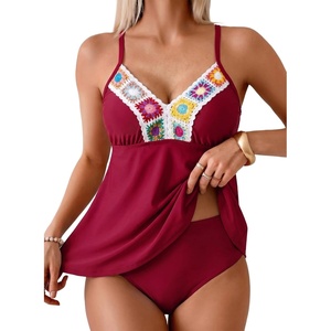 image:imageAleumdr Womens 2 Piece Tankini Set Embroidered Floral V Neck 2026 SwimwearRed