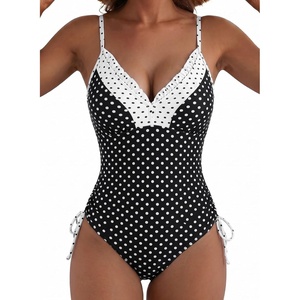 image:imageAleumdr Womens One Piece Swimsuit Striped Printed V Neck Ruffle Ruched SwimwearBlack