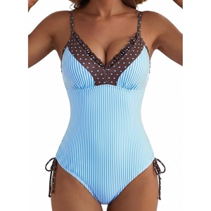 image:imageAleumdr Womens One Piece Swimsuit Striped Printed V Neck Ruffle Ruched SwimwearBlue