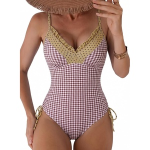 image:imageAleumdr Womens One Piece Swimsuit Striped Printed V Neck Ruffle Ruched SwimwearKhaki