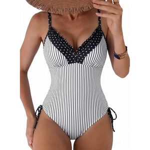image:imageAleumdr Womens One Piece Swimsuit Striped Printed V Neck Ruffle Ruched SwimwearWhite