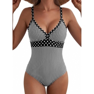 image:imageAleumdr Womens One Piece Swimsuit V Neck Striped Tummy Control SwimwearBlack Striped