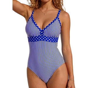 image:imageAleumdr Womens One Piece Swimsuit V Neck Striped Tummy Control SwimwearBlue Striped