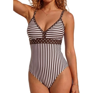 image:imageAleumdr Womens One Piece Swimsuit V Neck Striped Tummy Control SwimwearBrown