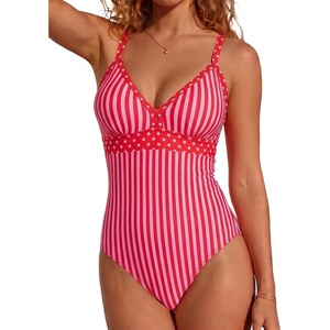 image:imageAleumdr Womens One Piece Swimsuit V Neck Striped Tummy Control SwimwearRed