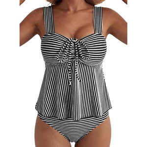 image:imageAleumdr Womens Tie Knot Two Piece Tankini Set Stripe Textured SwimsuitBlack Stripe