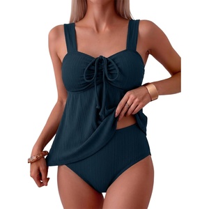 image:imageAleumdr Womens Tie Knot Two Piece Tankini Set Stripe Textured SwimsuitBlue